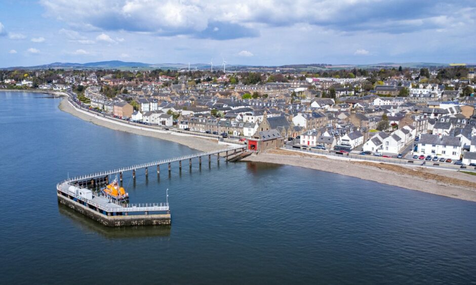 Aerial view of Broughty Ferry, showing the lifeboat station, beach and esplanade.