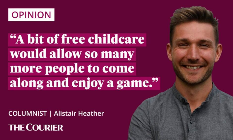 image shows the writer ALustair Heather next to a quote: "A bit of free childcare would allow so many more people to come along and enjoy a game."