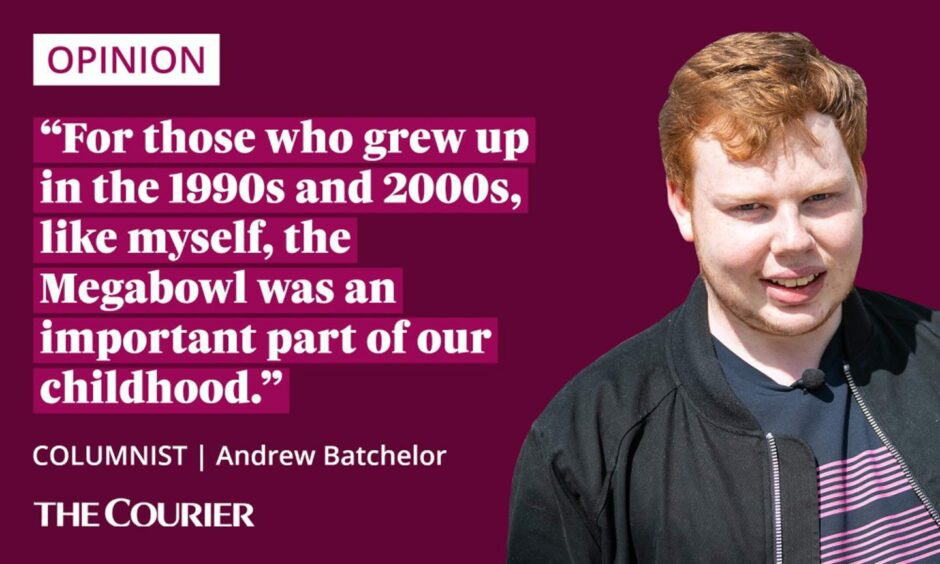 image shows the writer Andrew Batchelor next to a quote: "For those who grew up in the 1990s and 2000s, like myself, the Megabowl was an important part of our childhood.