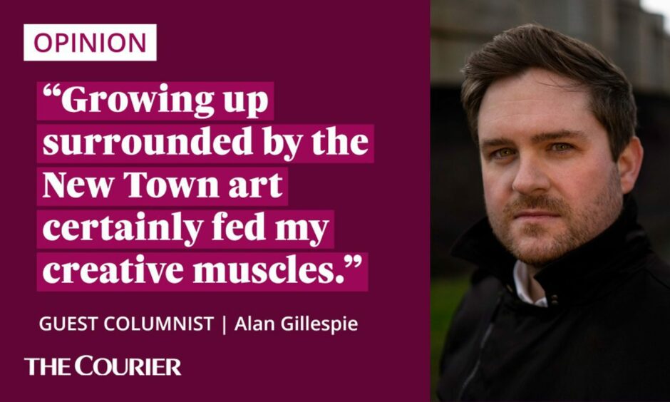 Image shows the writer Alan Gillespie next to a quote: "Growing up surrounded by the New Town art certainly fed my creative muscles."