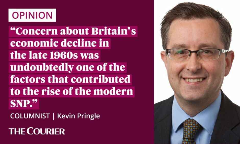 Image shows the writer Kevin Pringle next to a quote: "Concern about Britain's economic decline in the late 1960s was undoubtedly one of the factors that contributed to the rise of the modern SNP."