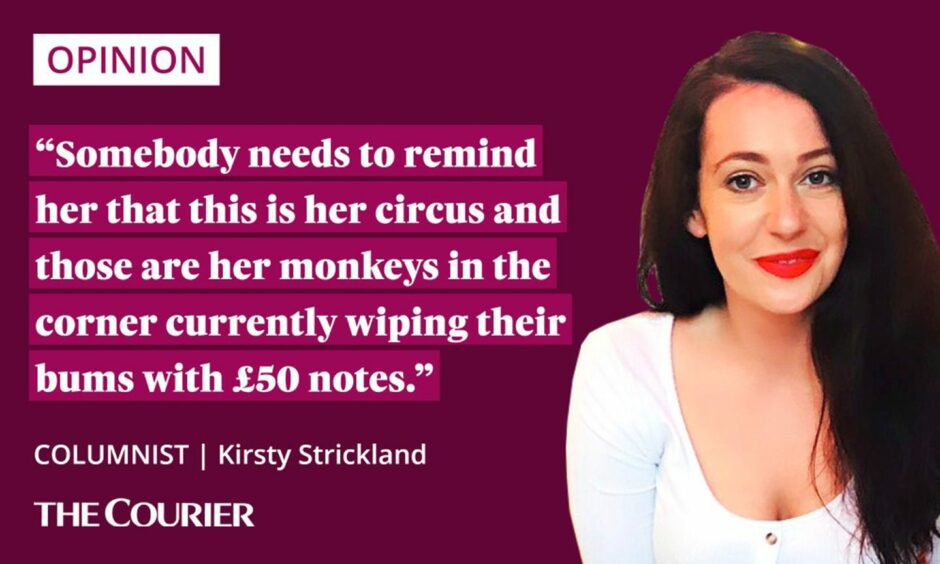 image shows the writer Kirsty Strickland next to a quote: "Somebody needs to remind her that this is her circus and those are her monkeys in the corner currently wiping their bums with £50 notes."