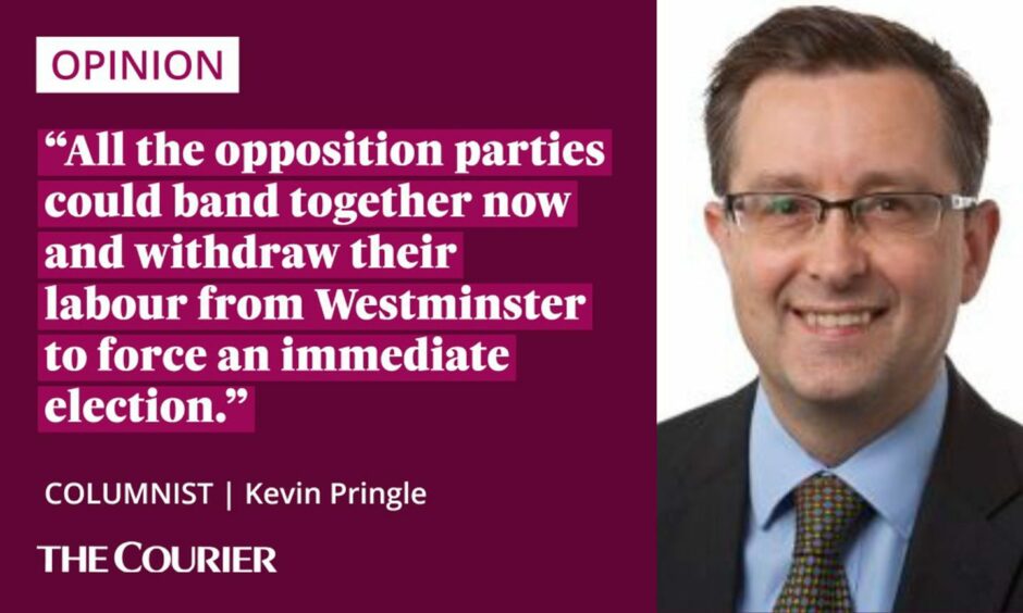 Image shows the writer Kevin Pringle next to a quote: "All the opposition parties could band together now and withdraw their labour from Westminster to force an immediate election."