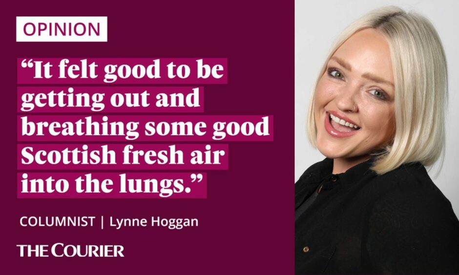 image shows the writer Lynne Hoggan and a quote: "It felt good to be getting out and breathing some good Scottish fresh air into the lungs."