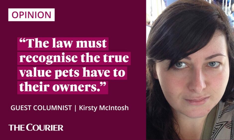 image shows the writer Kirsty McIntosh next to a quote: "The law must recognise the true value pets have to their owners."