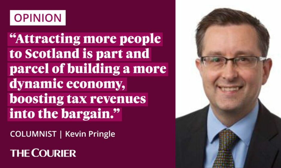 image shows the writer Kevin Pringle next to a quote: "Attracting more people to Scotland is part and parcel of building a more dynamic economy, boosting tax revenues into the bargain."