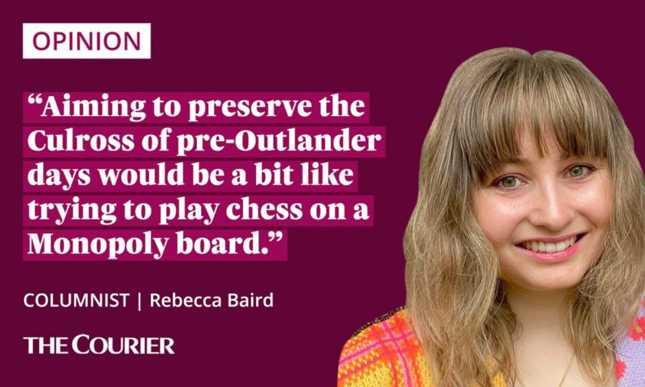 image shows the writer Rebecca Baird, next to a quote which reads: "Aiming to preserve the Culross of pre-Outlander days would be a bit like trying to play chess on a Monopoly board."