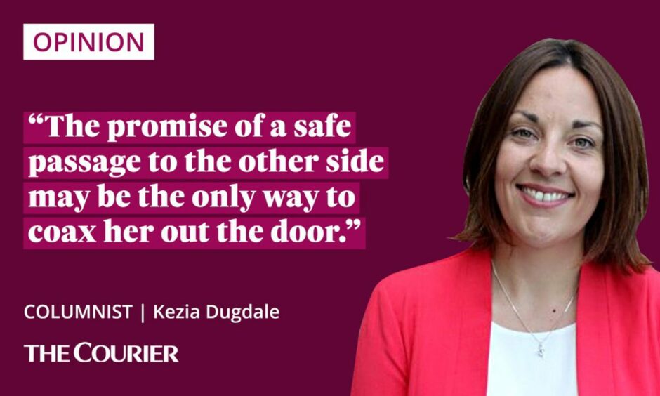 Image shows the writer Kezia Dugdale next to a quote: "The promise of a safe passage to the other side may be the only way to coax her out the door."