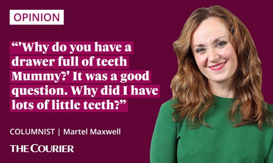 image shows the writer martel Maxwell next to a quote: "'Why do you have a drawer full of teeth Mummy?' It was a good question. Why did I have lots of little teeth?"