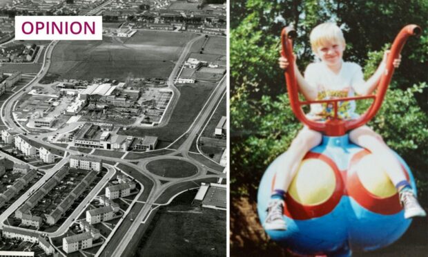 composite image shows an aerial view of Glenrothes, and Alan Gillespie as a small boy playing on a colourful piece of playground equipment.