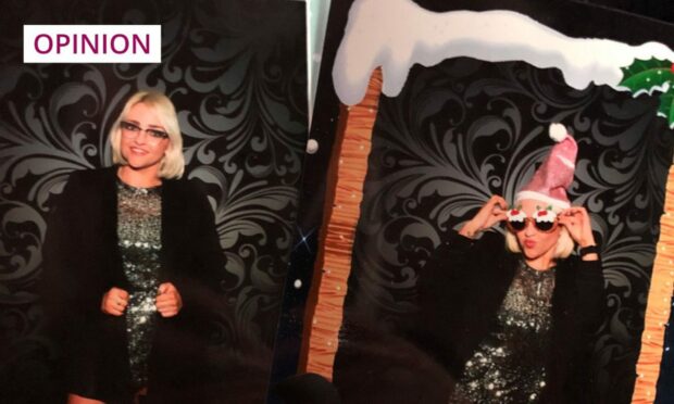 Image shows two pictures of the writer Lynne Hoggan taken from a Christmas party photo booth.