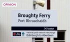 Photo shows a sign for Broughty Ferry railway station, with the name written in English and Gaelic.