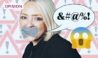 image shows the writer Lynne Hoggan with her mouth taped up and a speech bubble with a row of punctuation to symbolise a swear word.