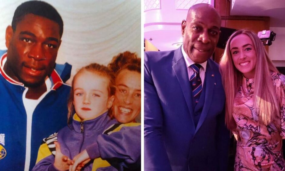Eilish McColgan with Frank Bruno nearly 30 years ago and at the Pride of Britain Awards. Images: Instagram.