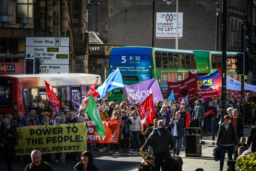 Large crowd at a cost of living protest held by Unite Dundee.