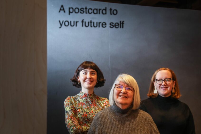 Curator Francesca Bibby, singer Sheena Wellington and Victoria Patrick, Impact Manager at Design Age Institute. 