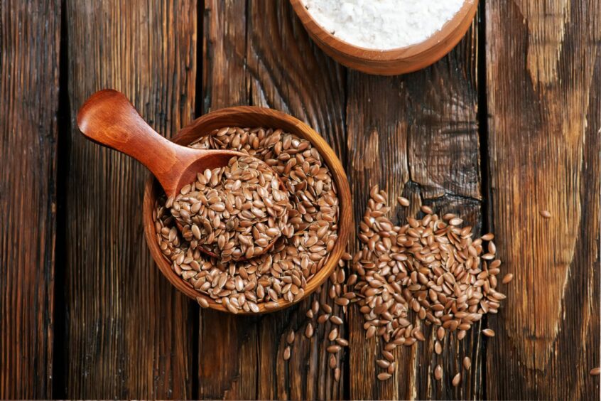photo shows flax seeds in a bowl.
