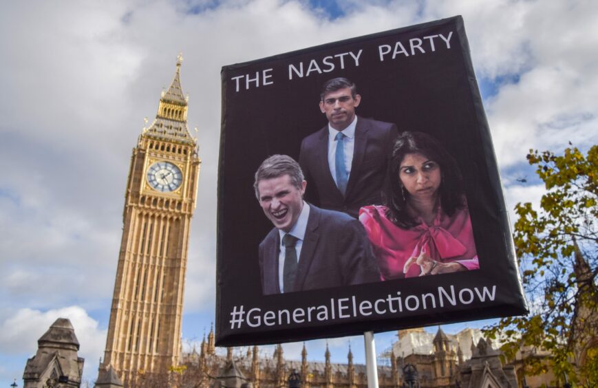 photo shows a placard outside Westminster featuring Rishi Sunak, Gavin Williamson and Suella Braverman and the words 'The nasty party #GeneralElectionNow'