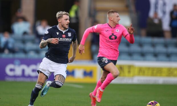 Dundee's Tyler French steps out of defence against Raith Rovers. Image: David Young/Shutterstock
