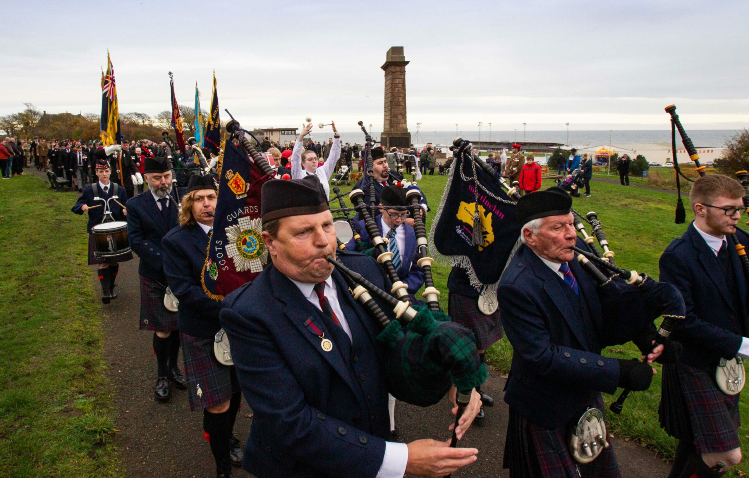 Pipers playing at a remembrance day event service in Arbroath, Angus
