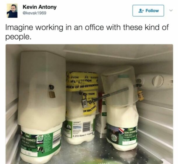 Photo shows a tweet, featuring milk carton with yellow crime scene tape around it.