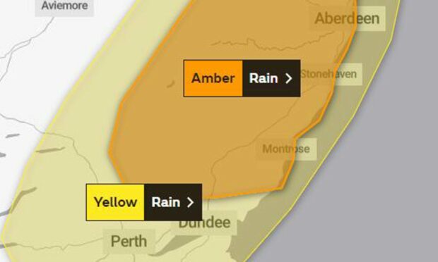 The amber warning covers parts of Perthshire and Angus. Image: Met Office.