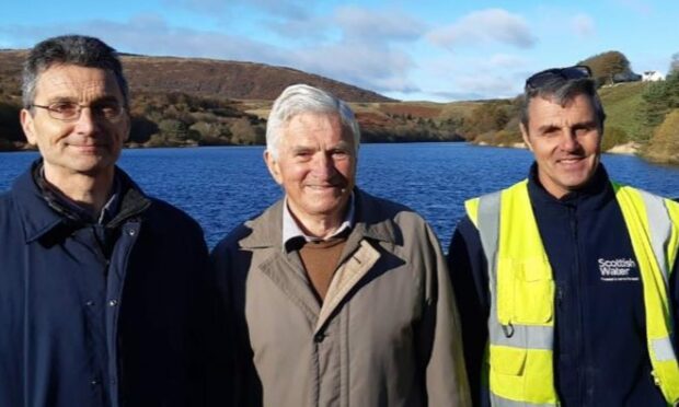Picture shows; left to right: Neil Kitching (son), Brian Kitching (dad), Jimmy Will (Scottish Water Site Operator). Castlehill Reservoir in Perth. Image: Neil Kitching/Scottish Water