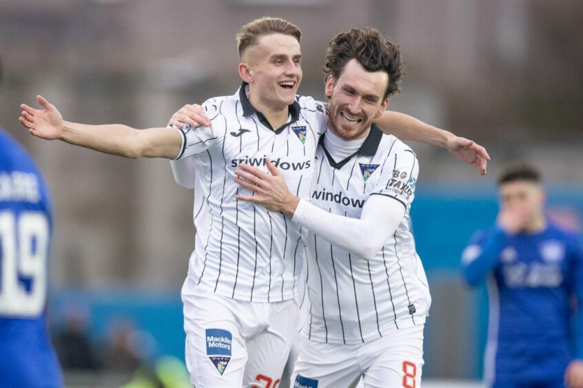 Matty Todd celebrates with Joe Chalmers. Image: Craig Brown.