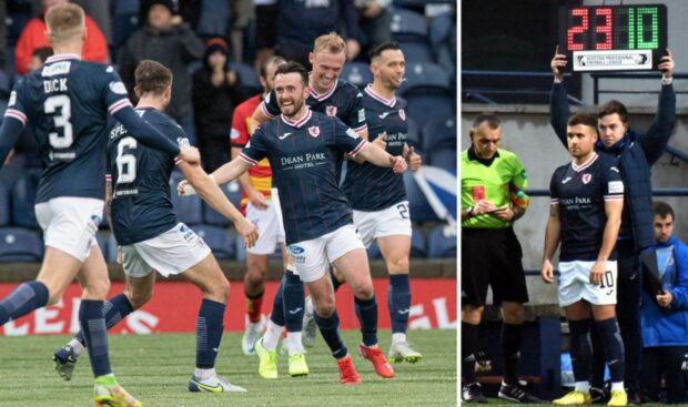 Aidan Connolly celebrates his goal and Lewis Vuaghan returns. Photograph: SNS and Tony FImister.