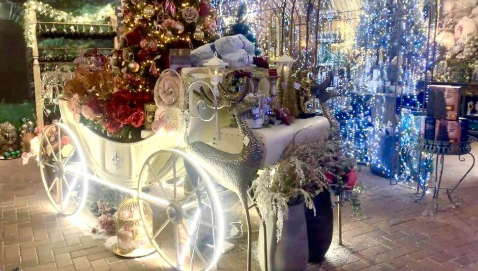 a carriage filled with beautiful decorations at the Glendoick Garden Centre