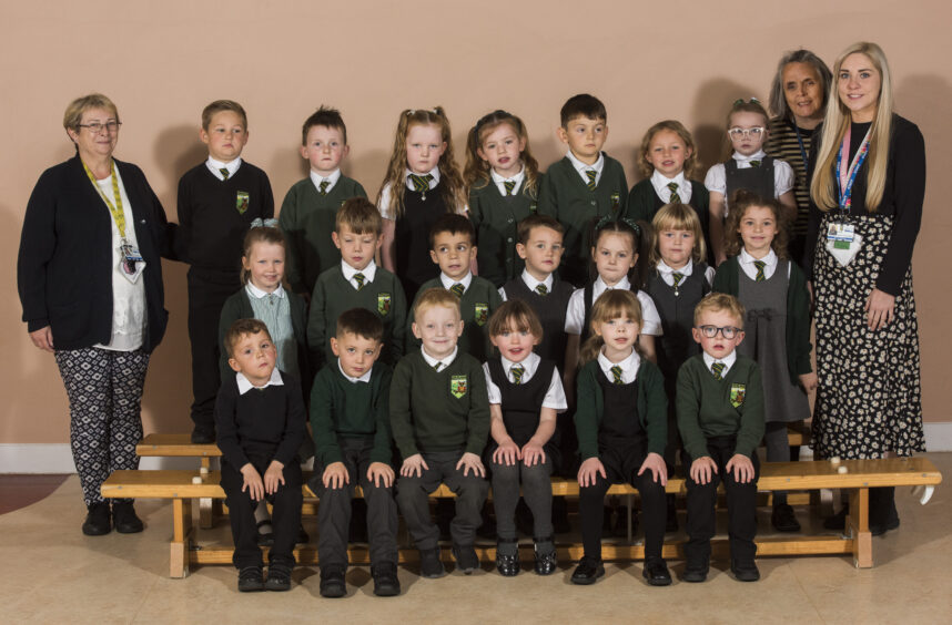 Craigowl Primary School, P1A with Miss Mooney, Mrs Callan and Mrs James.