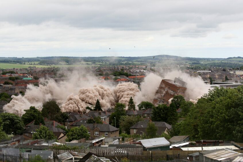 photo shows Derby Street multi storey flats reduced to rubble following the controlled explosion.