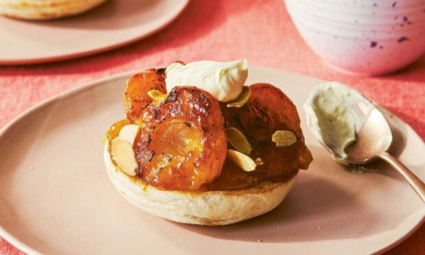Prue Leith’s apricots, almonds and clotted cream on English muffins.
