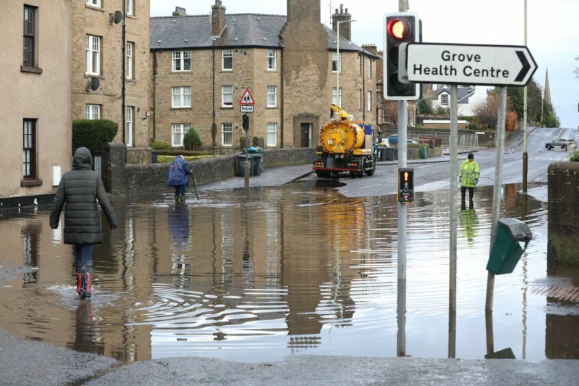Water covering Queen Street in Broughty Ferry.