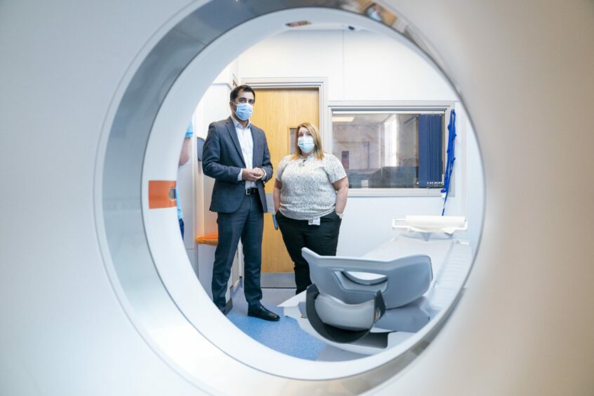 Photo shows Health Secretary Humza Yousaf with Clinical Service Manager Jane Anderson in the Rapid Cancer Diagnostic Service (RCDS) at the NHS Fife Victoria Hospital in Kirkcaldy.