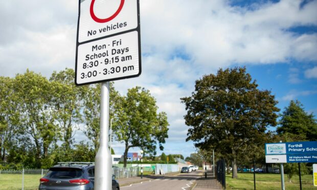 A driving ban is in place at Forthill primary school between pick up and drop off times. Image: Kim Cressford / DC Thomson.