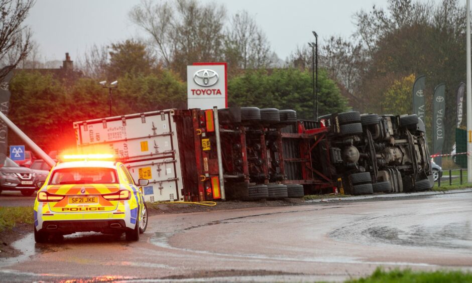 Lorry overturned on Forfar Road