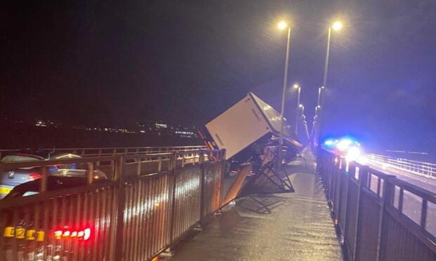 A tractor's trailer overturned on the Tay Road Bridge. Image: David Lord/DC Thomson.