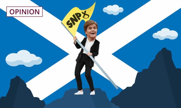 image shows a figure with the head of Nicola Sturgeon on top of a mountain with an SNP flag.