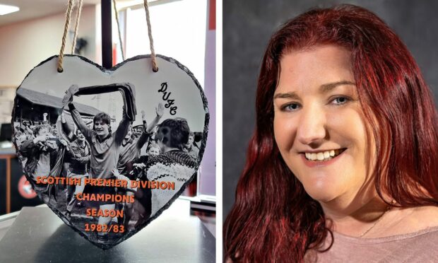 Orla Timmins of Ginger Pixie Designs and one of her limited edition Dundee United commemorative slates.