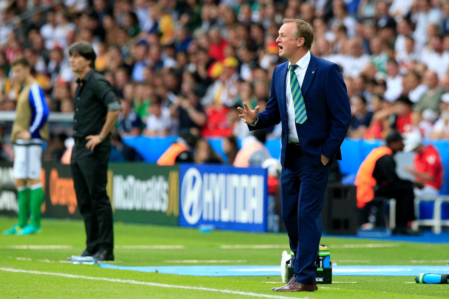 Michael O'Neill on the touchline for Northern Ireland against Germany at Euro 2016 in Paris. Image: PA