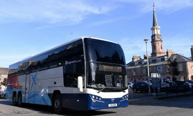 Stagecoach X7 bus at Market Square. Stonehaven. Image: Darrell Benns / DC Thomson.