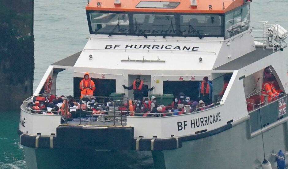Border Force vessel brings people, thought to be migrants, in to Dover, Kent.