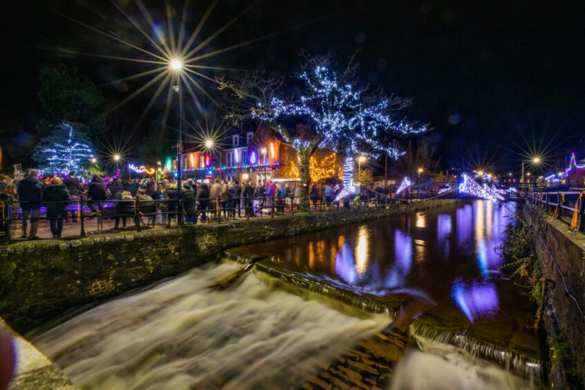 Alyth Burn lit up by Christmas lights. Image: Steve MacDougall/DC Thomson.