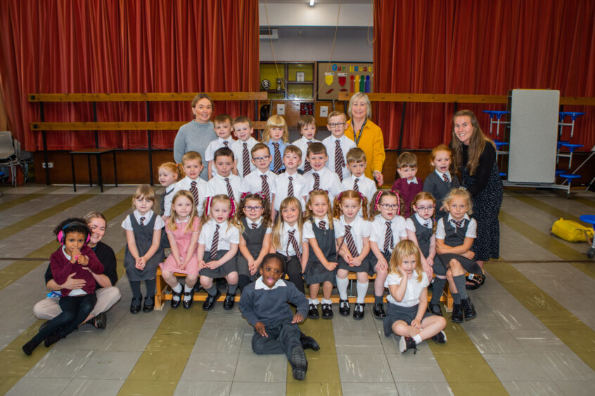St Fergus RC Primary School, P1 with Mrs Leanne Britton, Mrs Catherine Strachan, Daisy Birchenall and Nicole Timmons.