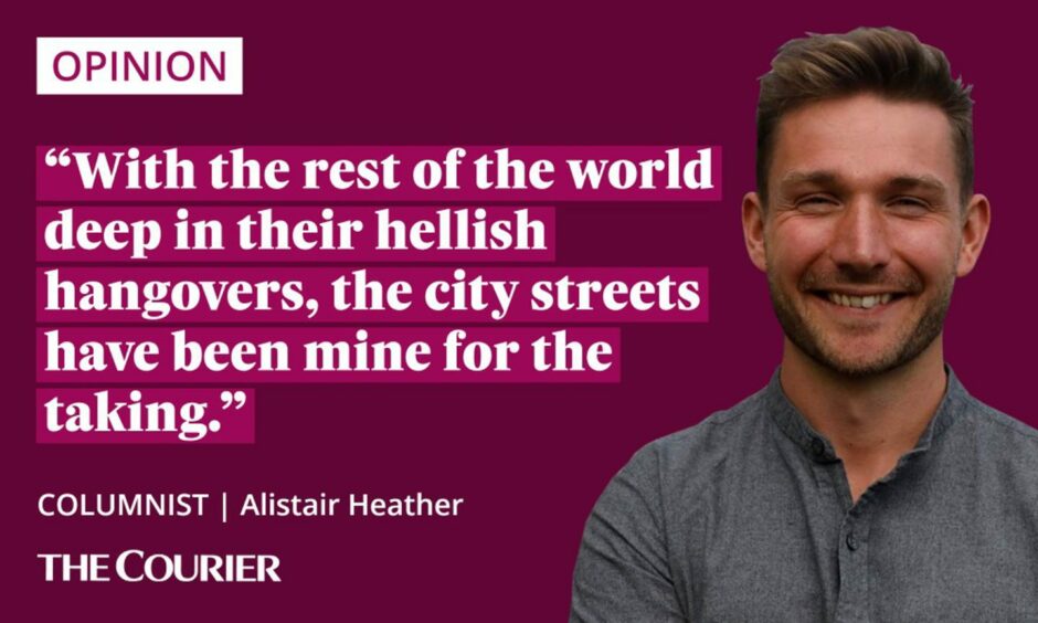 image shows the writer Alistair Heather next to a quote: "With the rest of the world deep in their hellish hangovers, crawling to their kitchens for a glass of water and an aspirin, the city streets have been mine for the taking."