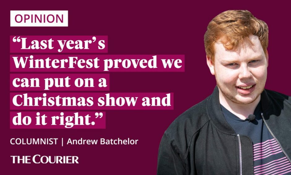 image shows the writer Andrew Batchelor next to a quote: "Last year's WinterFest proved we can put on a Christmas show and do it right."