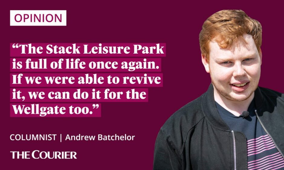 image shows the writer Andrew Batchelor next to a quote: "The Stack Leisure Park is full of life once again. If we were able to revive it, we can do it for the Wellgate too."