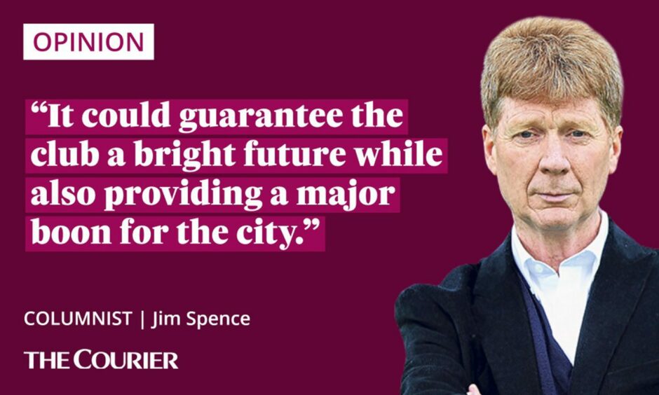 image shows the writer Jim Spence next to a quote: "It could guarantee the club a bright future while also providing a major boon for the city."
