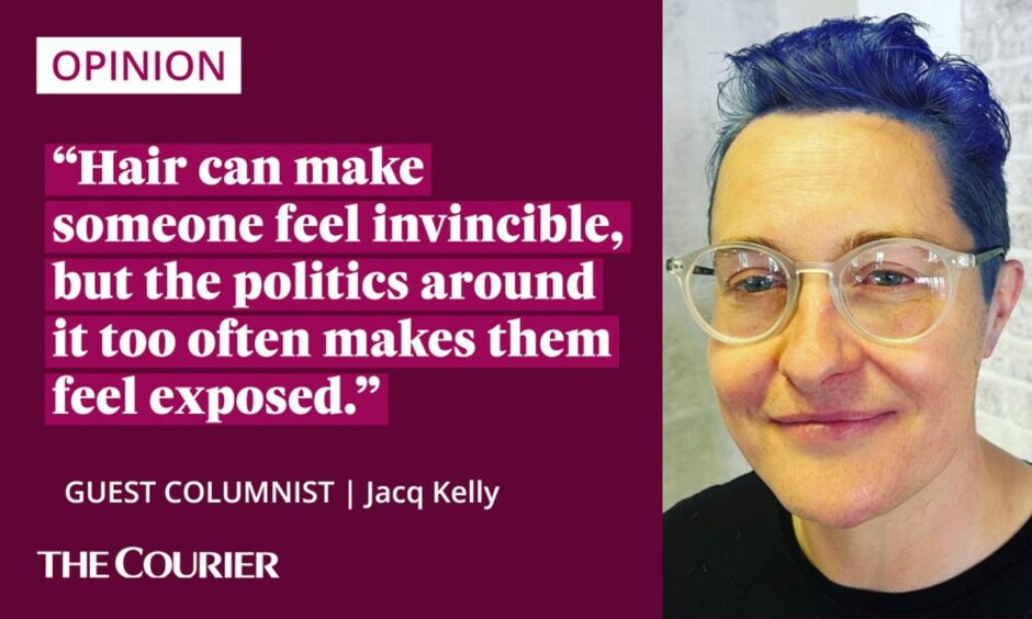 Image shows the writer Jacq Kelly next to a quote: "Hair can make someone feel invincible, but the politics around it too often makes them feel exposed."